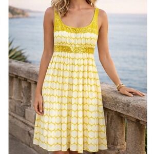 Carmen Marc Valvo Dress Womens 6 Yellow White Sequin Silk Trim Cotton Excellent‎